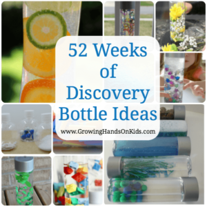 52 weeks of discovery bottle ideas for kids, also called sensory bottles.