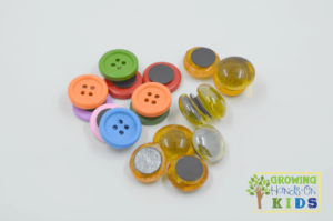 DIY Button and bead magnets for hands-on activities for preschoolers.