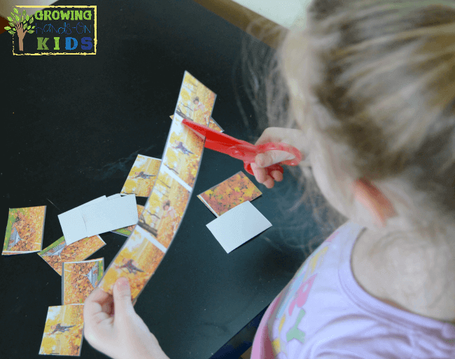 Fall leaves cutting strips for scissor practice with preschoolers.