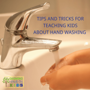 Child washing hands in a white sink. Tips and tricks for teaching kids about hand washing skills.