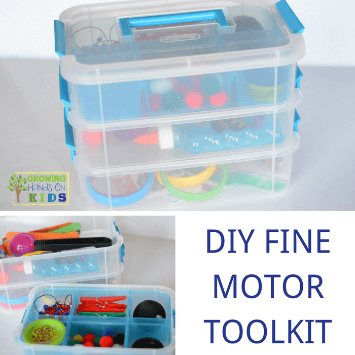 Collage picture of fine motor toolkit with a variety of fine motor objects and tools. The words DIY Fine Motor Toolkit are in a white square.