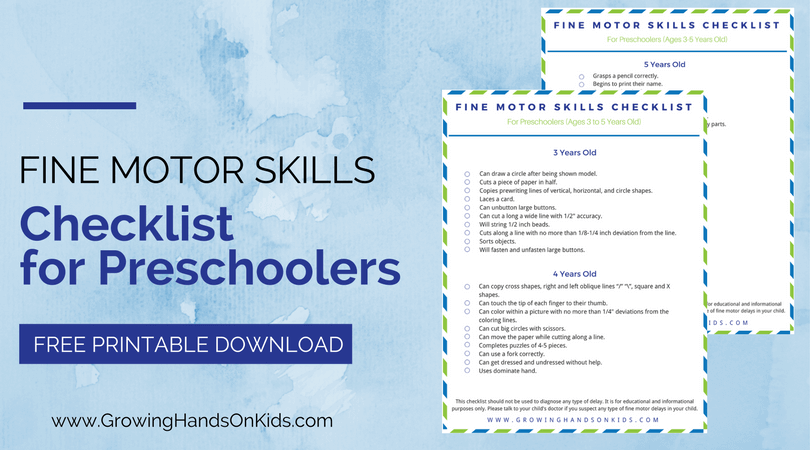 Fine Motor Skills Checklist for Preschoolers, ages 3-5 years old.