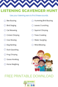 Listening Scavenger Hunt for kids, includes free printable download.