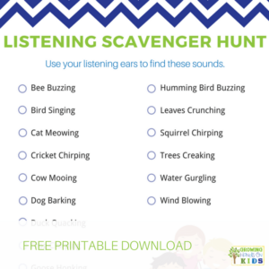 Listening Scavenger Hunt for kids, includes free printable download.
