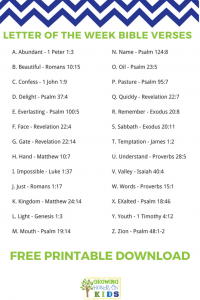 Letter of the Week Bible Verses for Kids, free printable download.