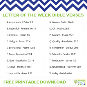 Letter of the Week Bible Verses for Kids, free printable download.