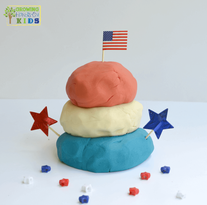 Red, white and blue homemade play dough, patriotic no-cook play dough recipe.