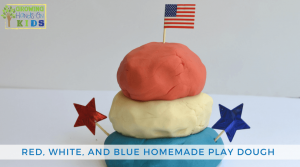 Red, white and blue homemade play dough, patriotic no-cook play dough recipe.