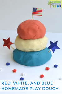 Red, white and blue homemade play dough, patriotic no-cook play dough recipe.