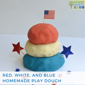 Red, white and blue homemade play dough, patriotic no-cook play dough recipe.