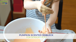 Pumpkin scented oobleck for sensory play.