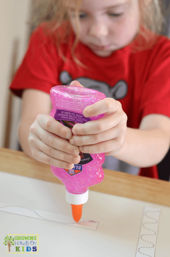 Glitter Glue Pre-Writing Line Practice for Preschoolers - includes a free printable template.