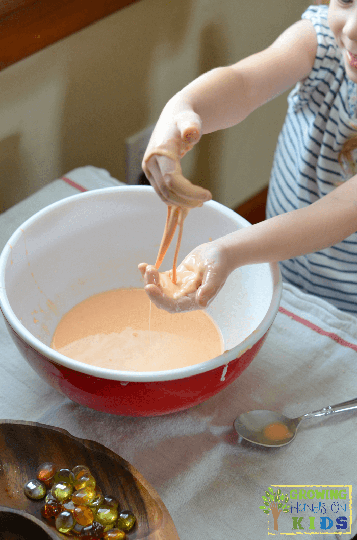 Pumpkin scented oobleck for sensory play.