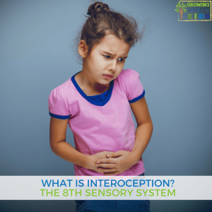 Little girl in a pink shirt holding her stomach with a hurt look on her face, like having a stomach ache. White text overlay with blue text says "What is interoception? The 8th Sensory System."