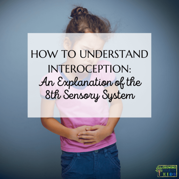 Picture of a young girl in a pink shirt holding her stomach and looking uncomfortable. White shaded text overlay with black text says "How to understand Interoception: An Explanation of the 8th Sensory System."