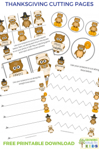 Thanksgiving themed cutting practice pages for scissor skills.