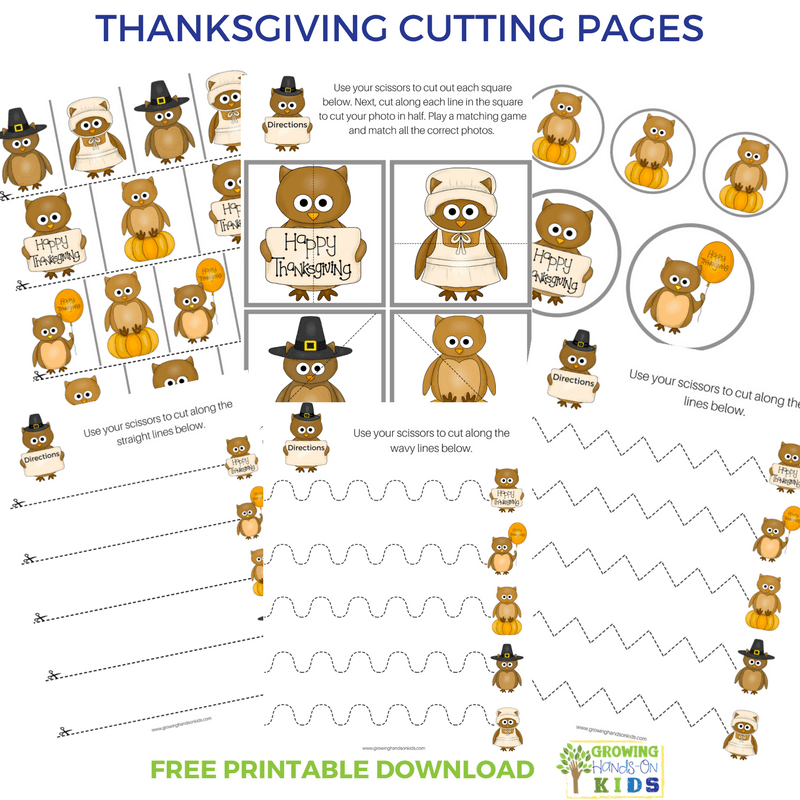 Thanksgiving themed cutting practice pages for scissor skills.