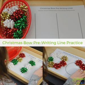 Christmas bow pre-writing line practice for kids. Includes a free printable.