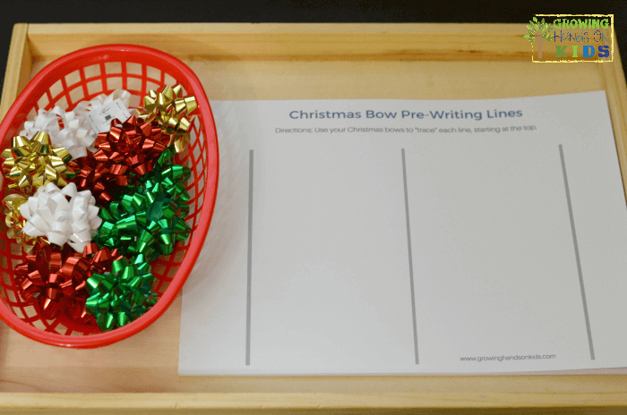Christmas bow pre-writing line practice for kids. Includes a free printable.