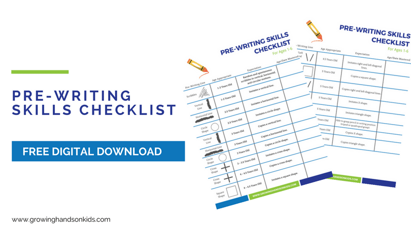Pre-writing skills checklist for teachers, parents, and therapists. Free digital download to use at home, in the classroom or therapy sessions.