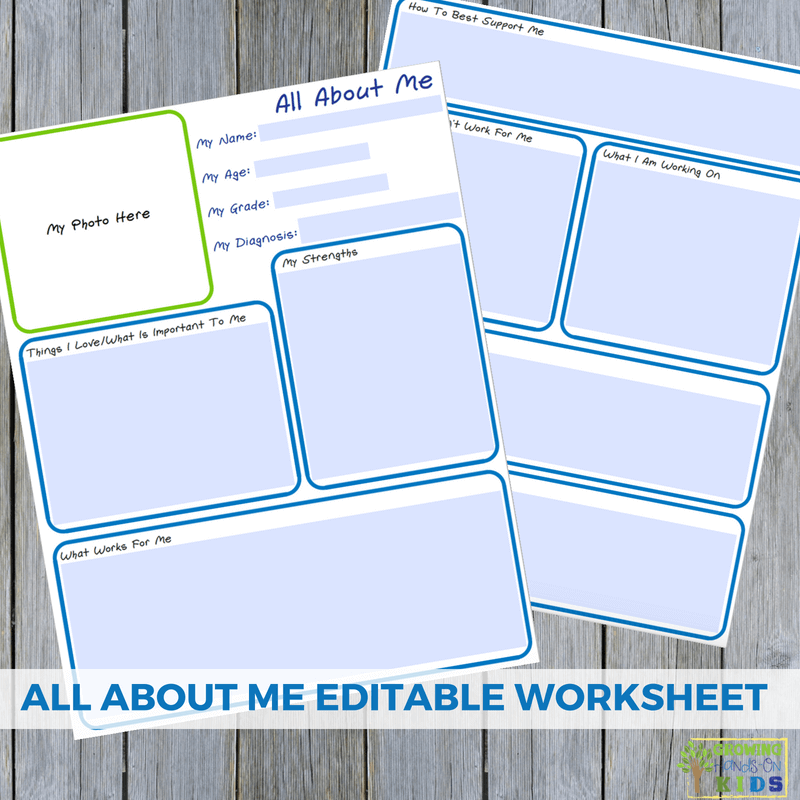 Template preview of the two-page all about me editable worksheet on a wood plank background. 