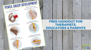 Pencil grasp development handout. A free printable for therapists, educators, and parents.