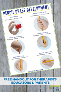 Pencil grasp development handout. A free printable for therapists, educators, and parents.