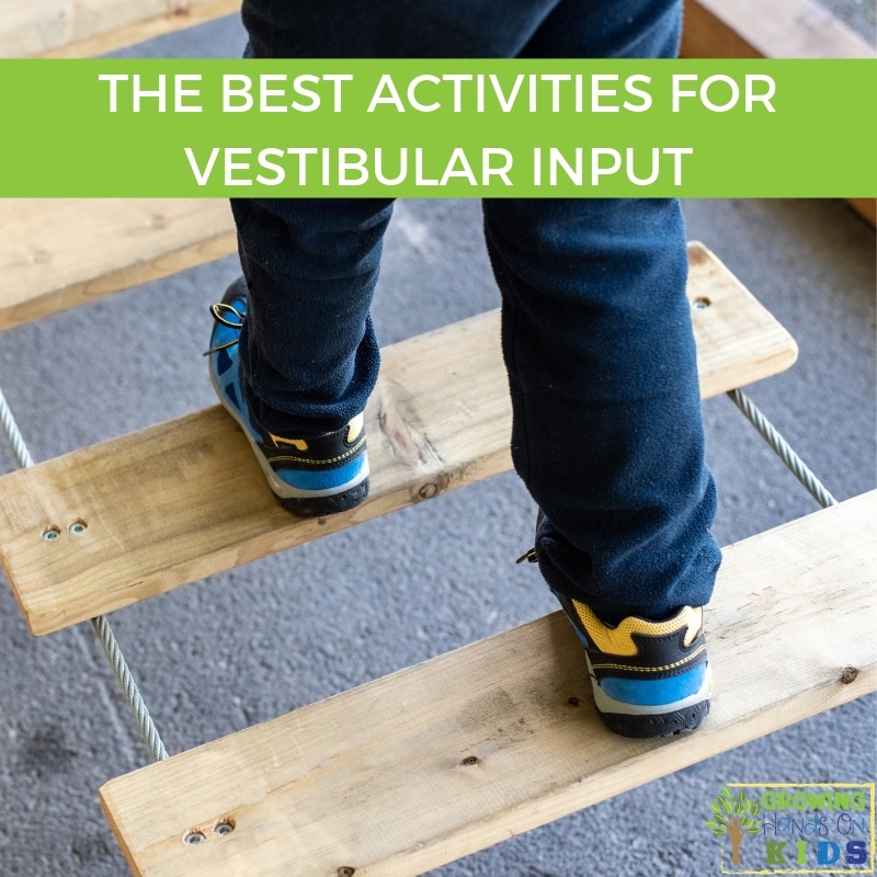 Child in blue pants and sneakers walking on a wood bridge. The words The Best Activities for Vestibular Input are written on the top of the graphic with a green background.