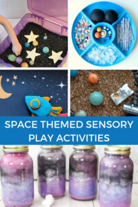 Collage of space themed sensory play activities for kids.
