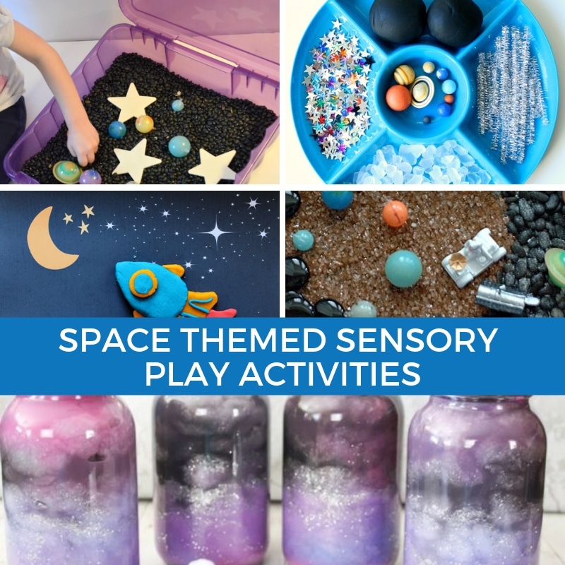 Collage of space themed sensory play activities for kids.