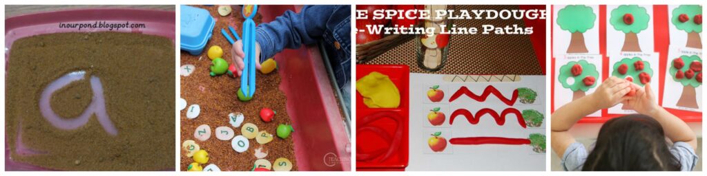 collage of apple-themed fine motor activities for kids.