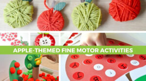 collage of apple-themed fine motor activities for kids.