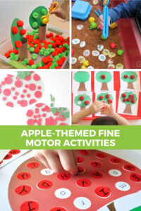 collage of apple-themed fine motor activities for kids.