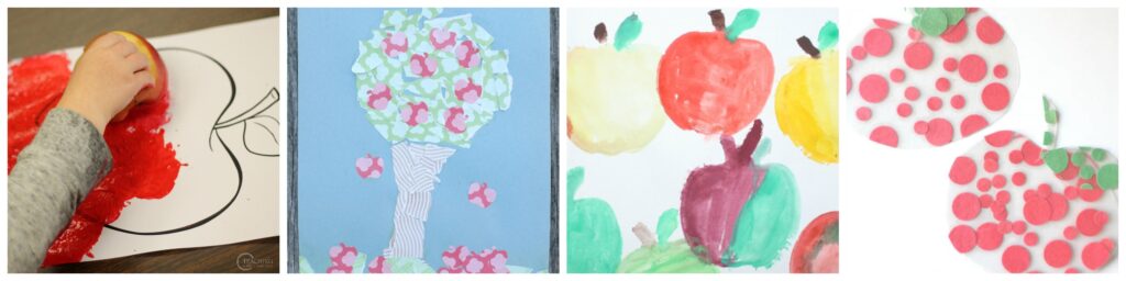 collage of apple-themed fine motor activities for kids.