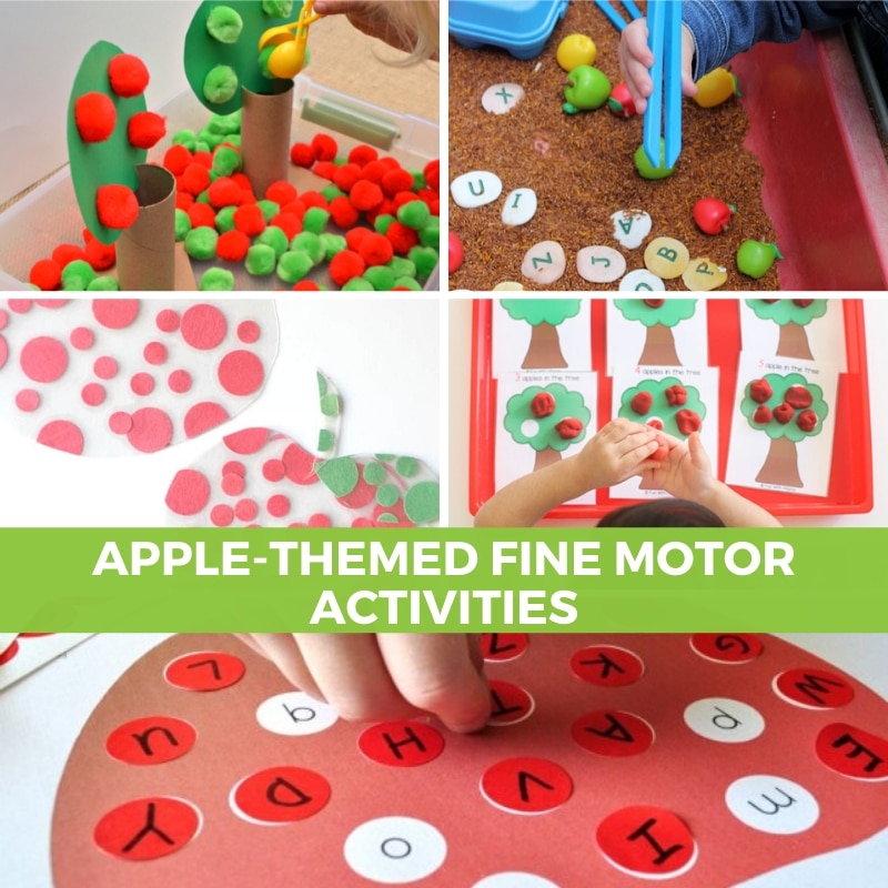 collage of apple-themed fine motor activities for kids.