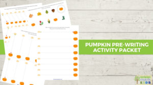 white word background with pumpkin-themed pre-writing line activity packet graphics on top.