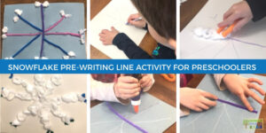 collage of children completing snowflake pre-writing line activity for preschoolers.