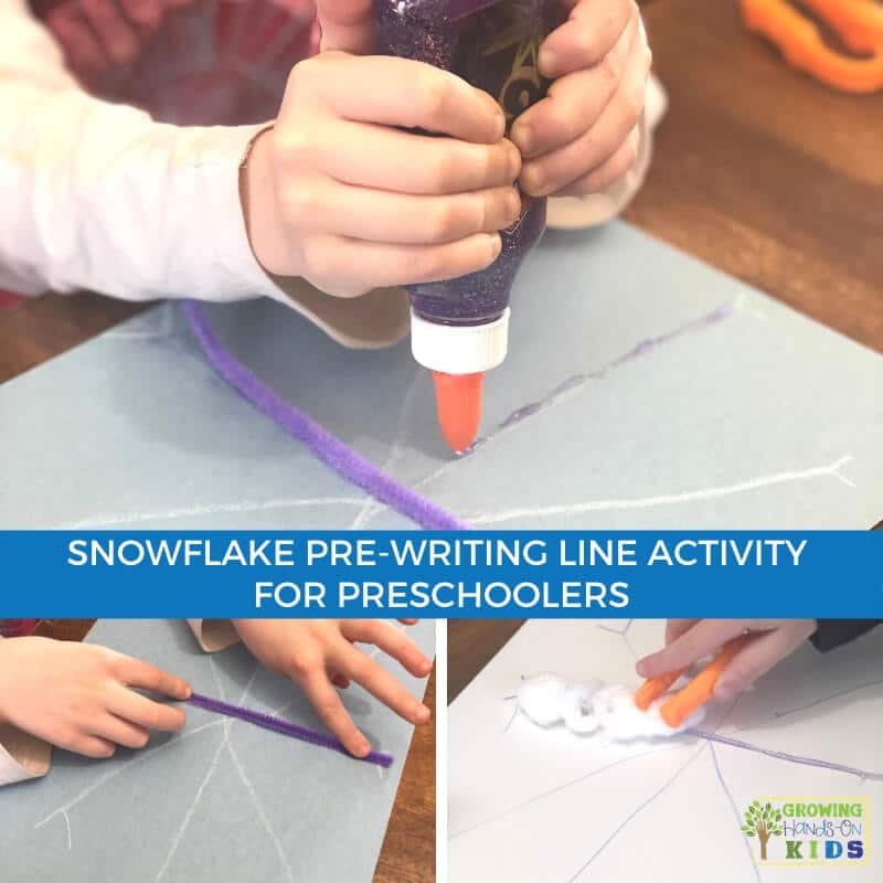 collage of children completing snowflake pre-writing line activity for preschoolers.