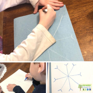 collage of children completing snowflake pre-writing line activity for preschoolers.