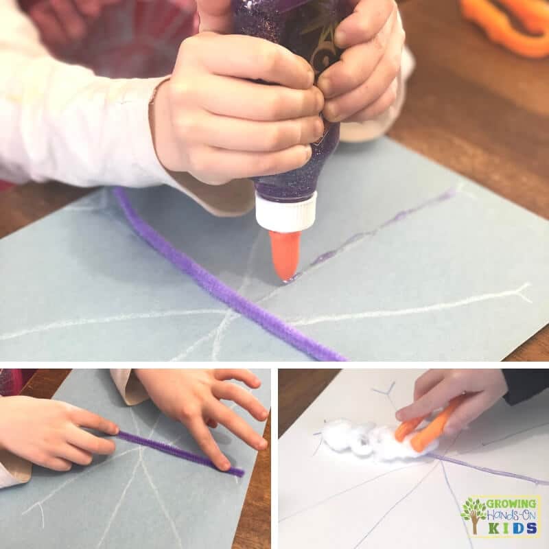 collage of children completing snowflake pre-writing line activity for preschoolers.