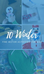 collage of winter fine motor activities for kids with blue overlay and white text that read "10 winter fine motor activities for kids".