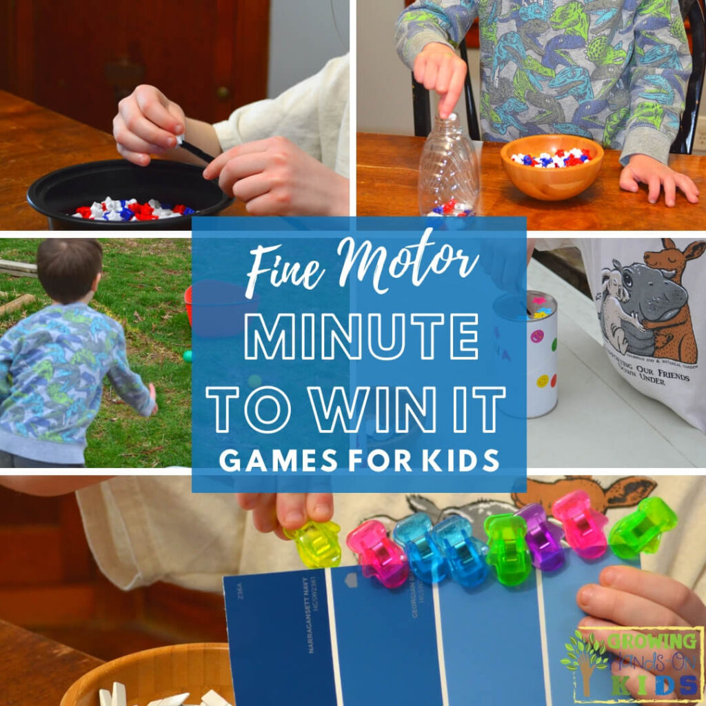 collage of children playing different fine motor games. Blue overlay box with white text that says Fine Motor Minute to Win it Games for Kids.