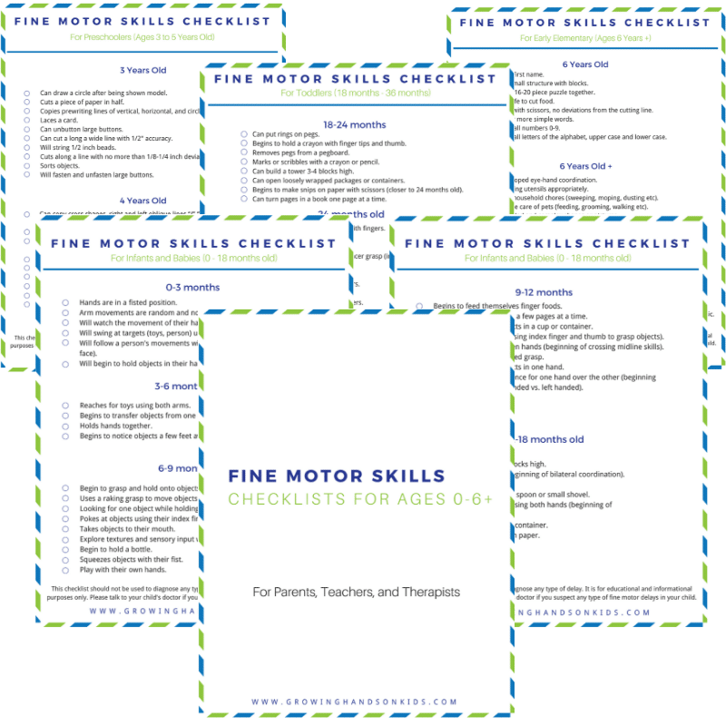 collage of fine motor skill checklist pages.
