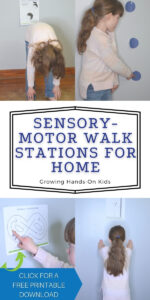 4 pictures of little girl doing sensory-motor walk station activities in her home. White text overlay with black text says "Sensory-motor walk stations for home".