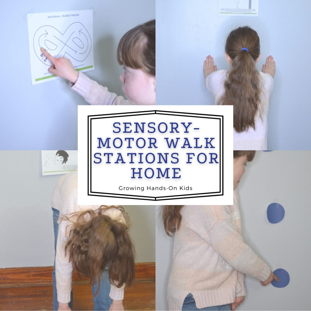 4 pictures of little girl doing sensory-motor walk station activities in her home. White text overlay with black text says "Sensory-motor walk stations for home".