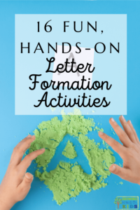 A child using fingers to make the capital letter A in green sand on a blue table. The letter A is on a white paper square at the top. White text overlay with black text at the top says "16 Fun, Hands-On Letter Formation Activities."