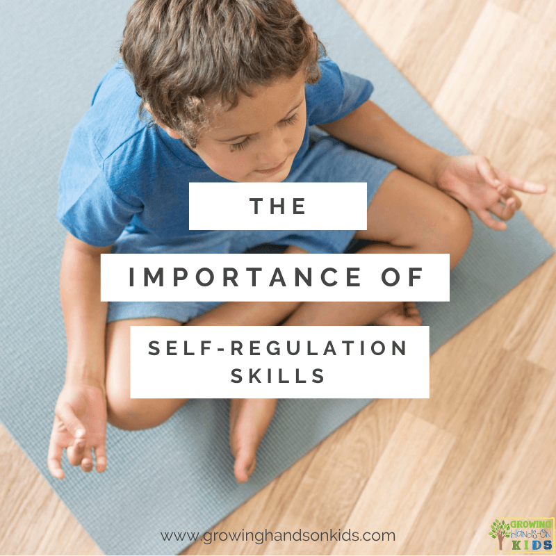 Young boy in blue shirt and shorts sitting on a blue yoga mat in a meditative position. White text box overlay says "The importance of self-regulation skills."