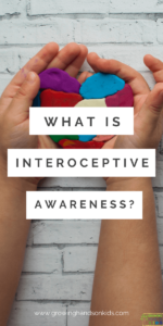 white brick background with child's hands hold a multi-colored clay heart. White text overlay with gray words that say "What is interoceptive awareness?"