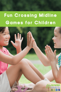 Picture of two girls playing a hand clapping game. Green text overlay with white text at the top of the picture which says "Fun Crossing Midline Games for Children".