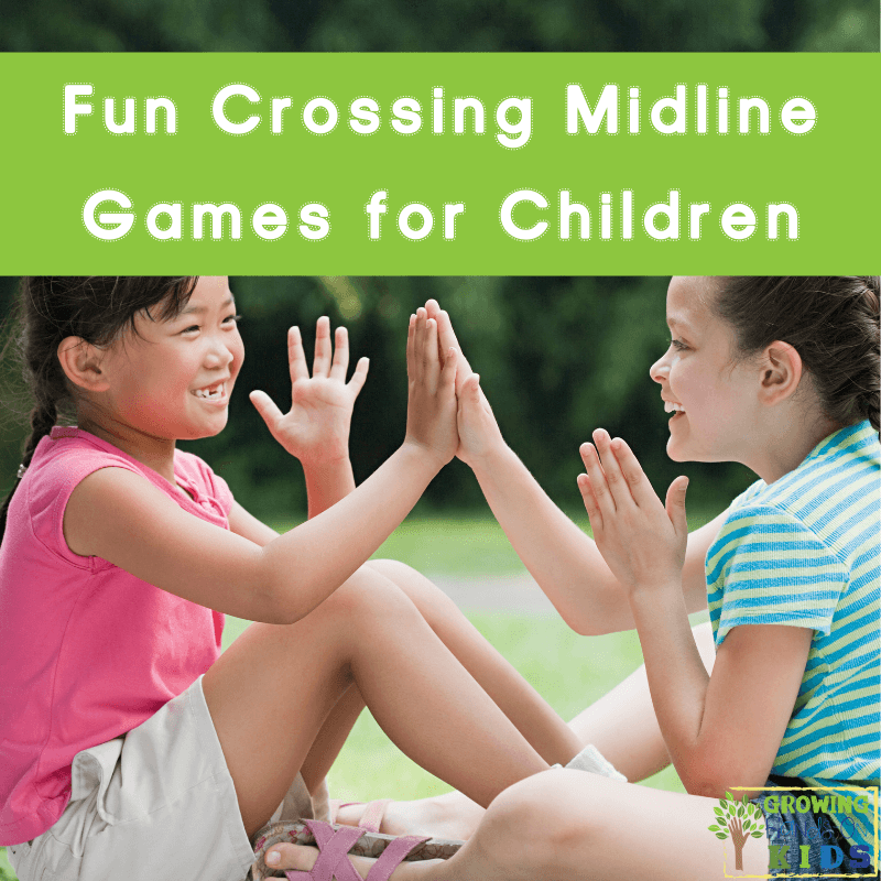 Picture of two girls playing a hand clapping game. Green text overlay with white text at the top of the picture which says "Fun Crossing Midline Games for Children".